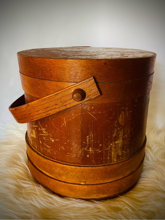 Other - Vintage Primitive Wood FIRKIN Sugar Bucket Finger Bands Pegged Bentwood Handle